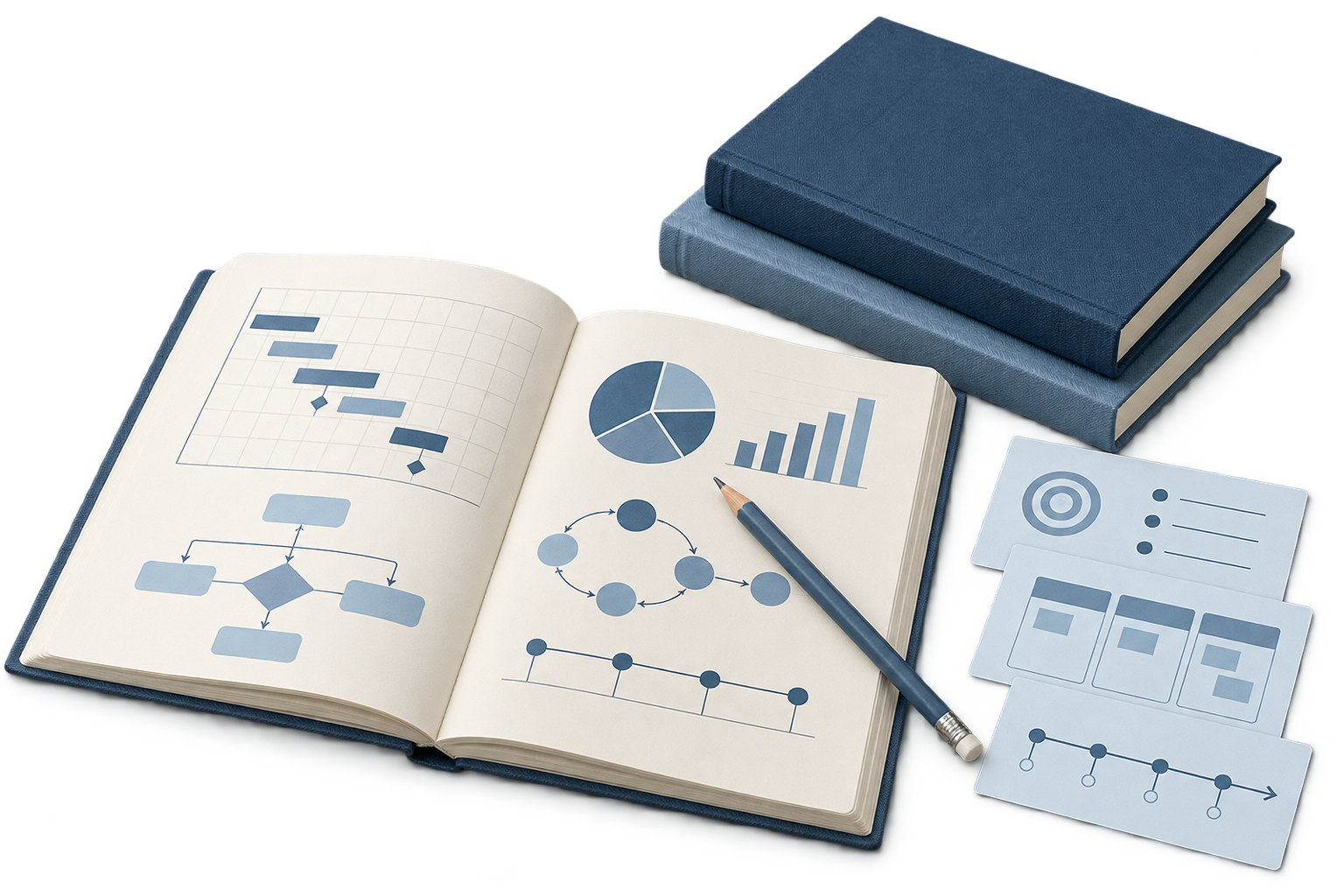 Illustrative learning materials: a workbook, reference books and project planning cards